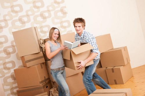Business equipment and furniture being prepared for a London move